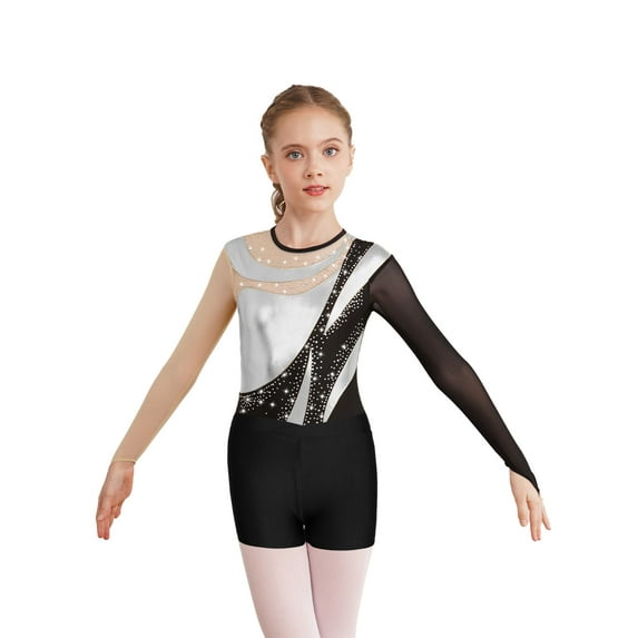 iEFiEL Kids Girls Gymnastics Figure Skating Outfit Long Sleeve Keyhole Back Bodysuit with Shorts Dance Suit Silver&Black 6