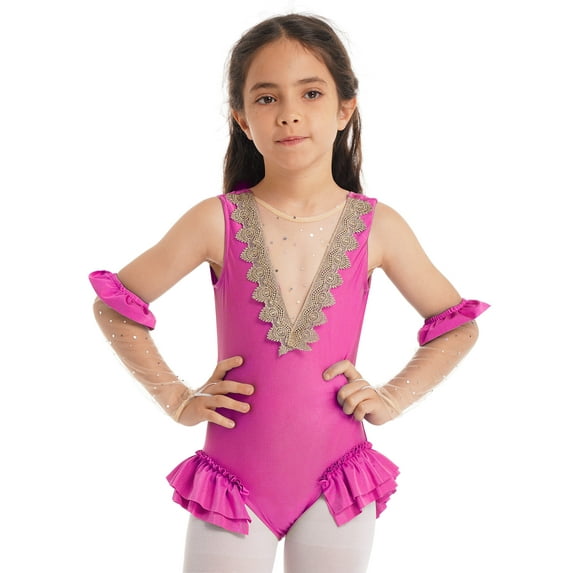 iEFiEL Kids Girls Halloween Showman Costume Sleeveless Mesh Splice V Back Leotard Rose Red 5
