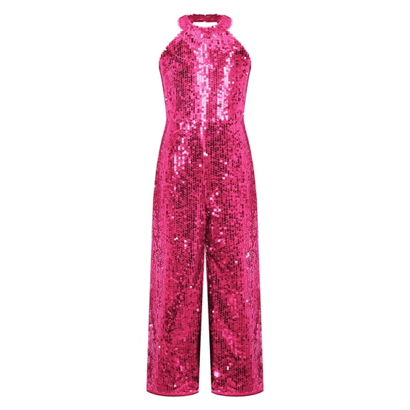 iEFiEL Kids Girls Halter Neck Sleeveless Romper Sparkly One Piece All Over Sequins Jumpsuit Birthday Cocktail Party Outfit Hot Pink 12
