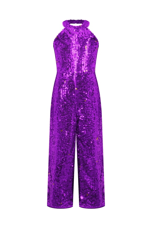 Kids Girls Halter Neck Sleeveless Romper Sparkly One Piece All Over Sequins Jumpsuit Birthday Cocktail Party Outfit Purple 14