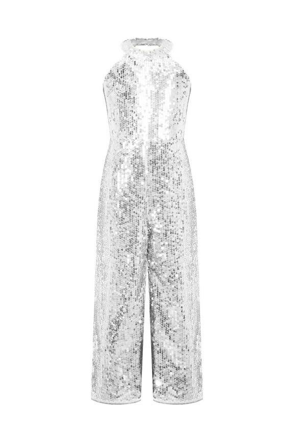 Kids Girls Halter Neck Sleeveless Romper Sparkly One Piece All Over Sequins Jumpsuit Birthday Cocktail Party Outfit Silver 12