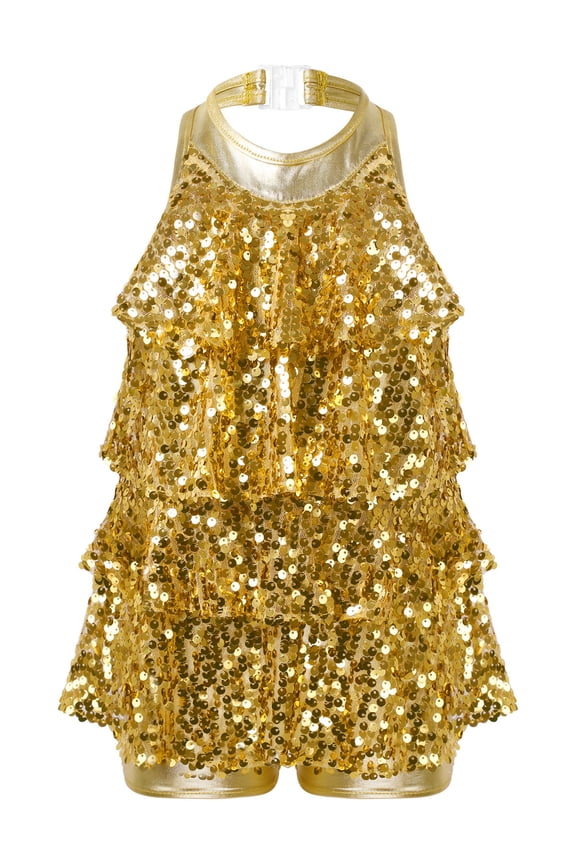 Kids Girls Halter Shiny Sequins Ballet Dance Unitard Dress Jazz Latin Dancing Costume Gold 4