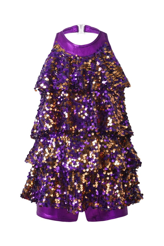 Kids Girls Halter Shiny Sequins Ballet Dance Unitard Dress Jazz Latin Dancing Costume