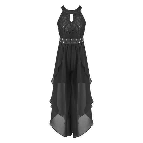 iEFiEL Kids Girls Jumpsuit Romper Maxi Dress with Rhinestone Belt for Pageant Birthday Party Black-A 8