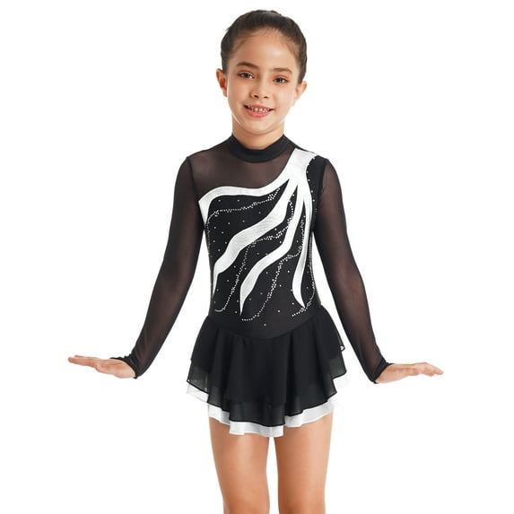 iEFiEL Kids Girls Long Sleeve Glitters Mesh Tutu Figure Ice Skating Dance Dress White 8