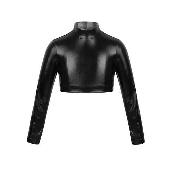 iEFiEL Kids Girls Long Sleeves Glossy Metallic Tops Crop Top for Dancing Stage Performance Black 6