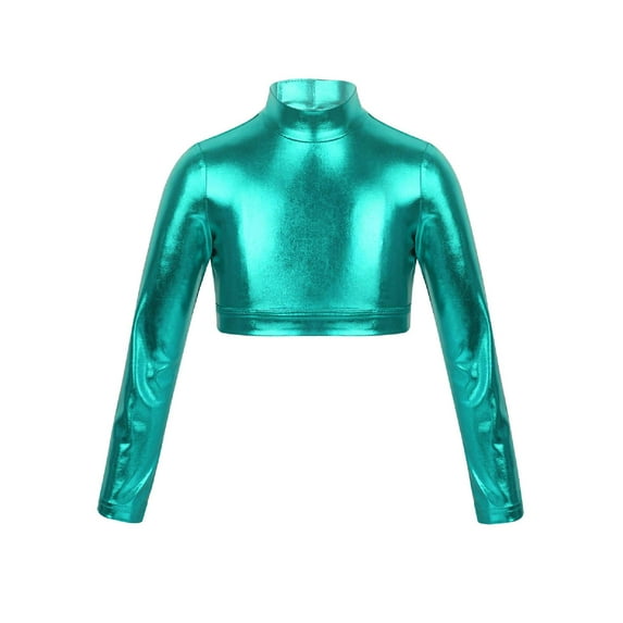 iEFiEL Kids Girls Long Sleeves Glossy Metallic Tops Crop Top for Dancing Stage Performance Mint Green 10