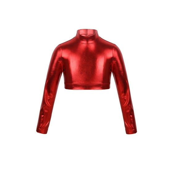 iEFiEL Kids Girls Long Sleeves Glossy Metallic Tops Crop Top for Dancing Stage Performance Red 12