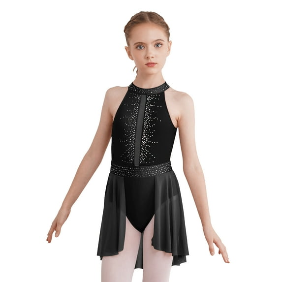iEFiEL Kids Girls Lyrical Dance Dress Cutout Back Latin Jazz Gymnastics Leotard Stage Performance Costume Black 10