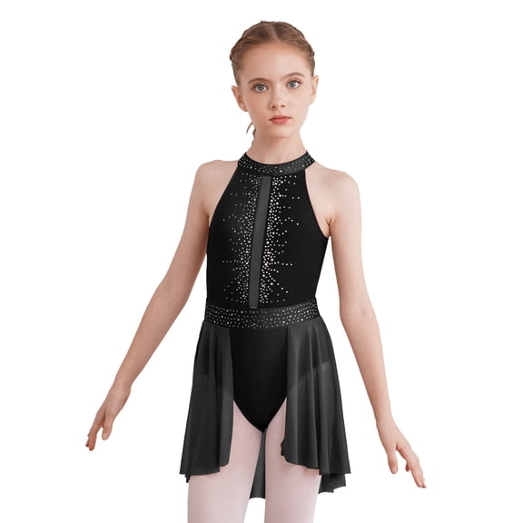 iEFiEL Kids Girls Lyrical Dance Dress Cutout Back Latin Jazz Gymnastics Leotard Stage Performance Costume Black 14