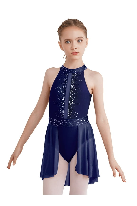 Kids Girls Lyrical Dance Dress Cutout Back Latin Jazz Gymnastics Leotard Stage Performance Costume Navy Blue 6