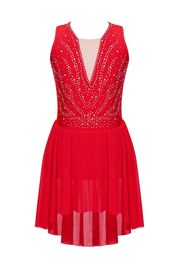 Kids Girls Lyrical Modern Dance Dress Asymmetrical Hem Rhinestone Figure Skating Performance Dress Red 8