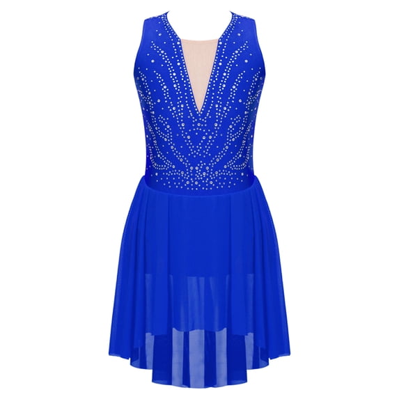 iEFiEL Kids Girls Lyrical Modern Dance Dress Asymmetrical Hem Rhinestone Figure Skating Performance Dress Royal Blue 16