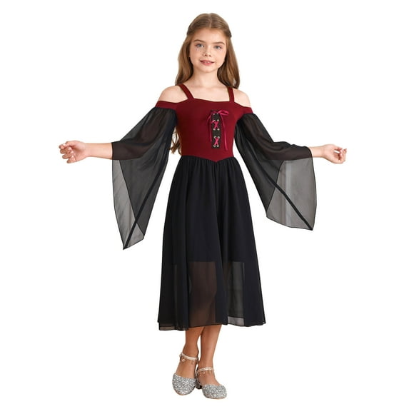 iEFiEL Kids Girls Medieval Princess Costume Vintage Renaissance Robe Lace-up Gothic Maxi Gown Halloween Cosplay Fancy Dress Burgundy 4