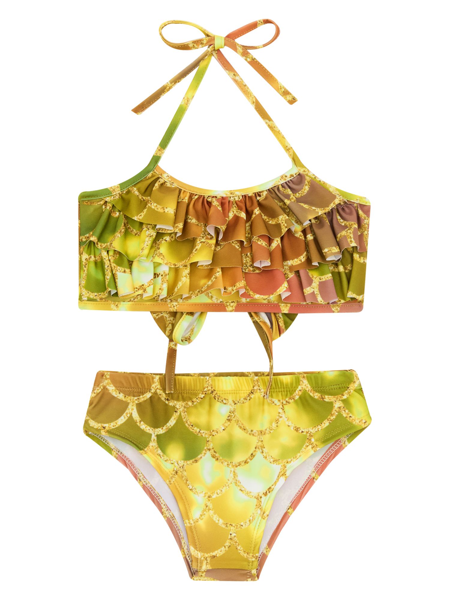 iEFiEL Kids Girls Mermaid 2Pcs Swimsuit Halter Fish Scales Print