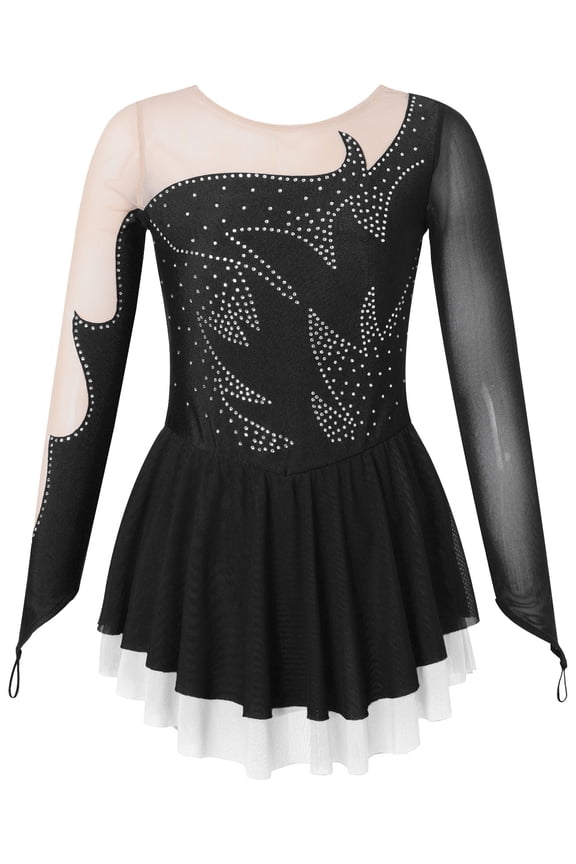 Kids Girls Mesh Splice Figure Ice Skating Dress Long Sleeve Shiny Rhinestone Dance Dress Gym Leotard Dancewear Black 8
