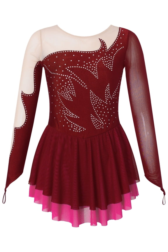 Kids Girls Mesh Splice Figure Ice Skating Dress Long Sleeve Shiny Rhinestone Dance Dress Gym Leotard Dancewear Burgundy 16