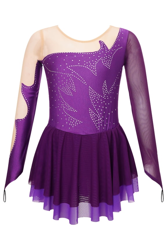 Kids Girls Mesh Splice Figure Ice Skating Dress Long Sleeve Shiny Rhinestone Dance Dress Gym Leotard Dancewear Purple 8