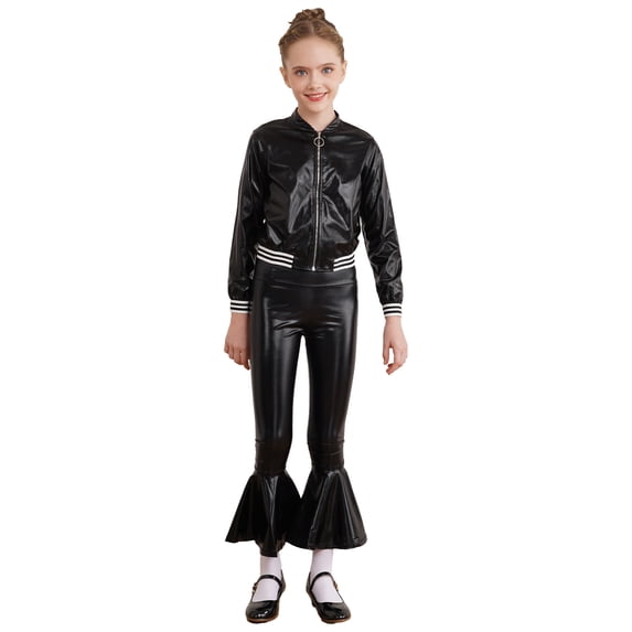 iEFiEL Kids Girls Metallic Dance Performance Suit Long Sleeve Front Zipper Jacket with High Waist Bell-bottoms Black 14