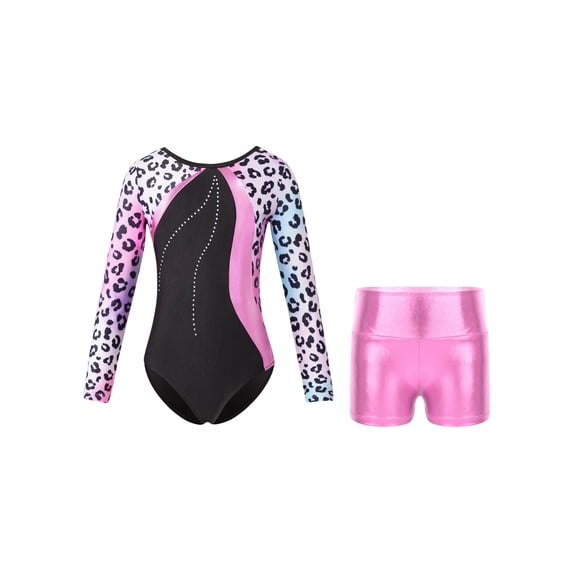 iEFiEL Kids Girls Metallic Dance Sports Outfit with Shorts Gymnastics Suit Long Sleeve Shiny Leotard with High Waist Shorts Pink 12