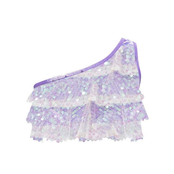iEFiEL Kids Girls Metallic One Shoulder Dance Crop Top Shiny Sequins Tiered Ruffles Asymmetrical Dance Tops Lavender 8