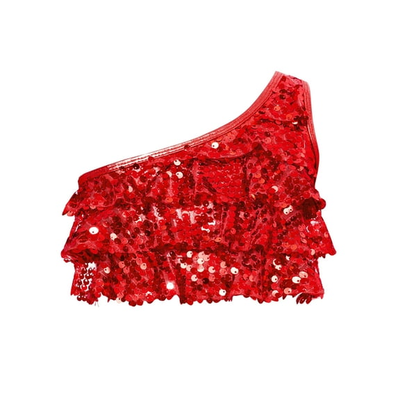 iEFiEL Kids Girls Metallic One Shoulder Dance Crop Top Shiny Sequins Tiered Ruffles Asymmetrical Dance Tops Red 6