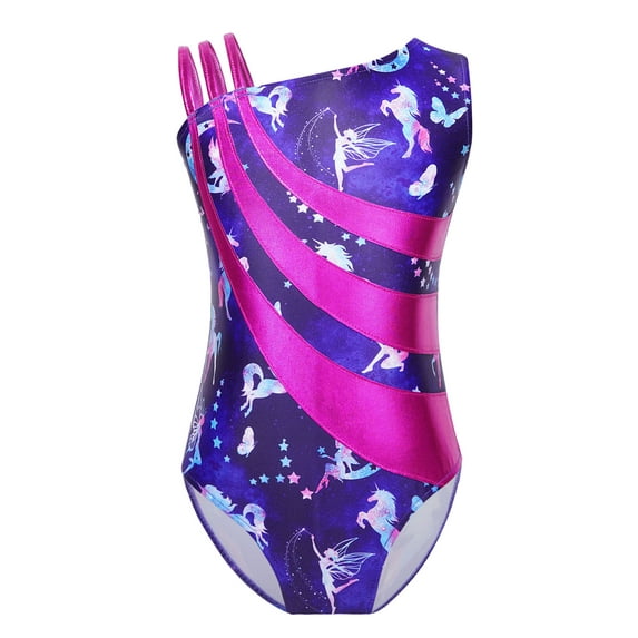 iEFiEL Kids Girls Metallic Shiny Patchwork Leotard Asymmetrical Shoulder Strap Bodysuit for Dance Gymnastics Navy Blue 10