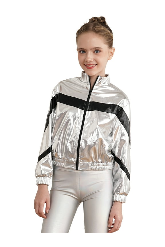 Kids Girls Metallic Zipper Front Jacket Contrast Color Long Sleeve Coat Jazz Hip-Hop Dance Tops Silver 10