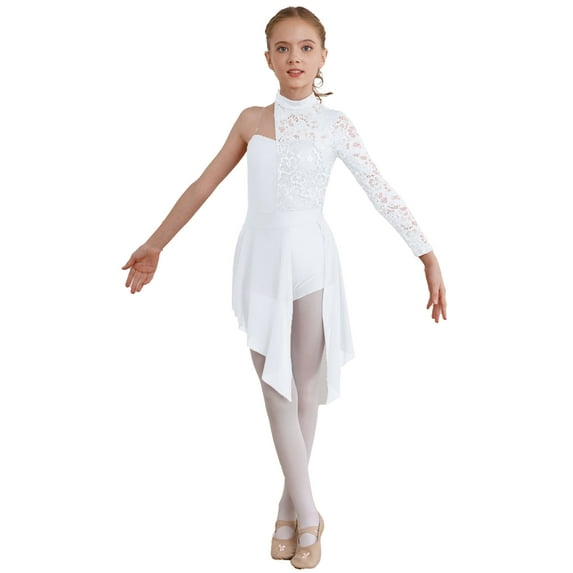 iEFiEL Kids Girls Modern Lyrical Dance Dress Lyrical Dance Dress Asymmetrical Figure Skating Ballet Gymnastics Leotard White 14