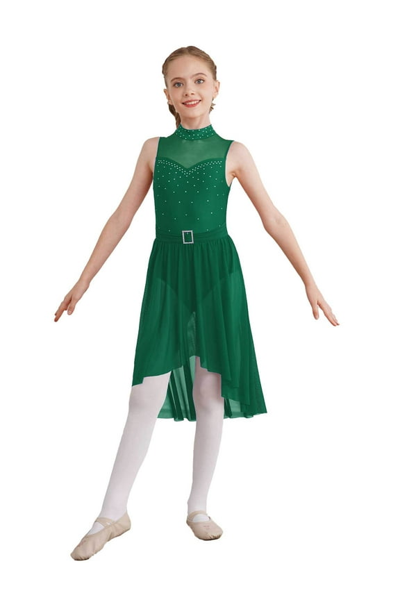 Kids Girls Modern Lyrical Dance Leotard Dress Sleeveless Rhinestone High-Low Hem Dancewear Modern Contemporary Dance Dress Green 16