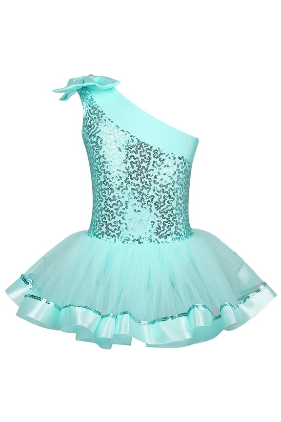 Kids Girls One Shoulder Bowknot Sequined Ballet Dance Gymnastics Leotard Tutu Dress