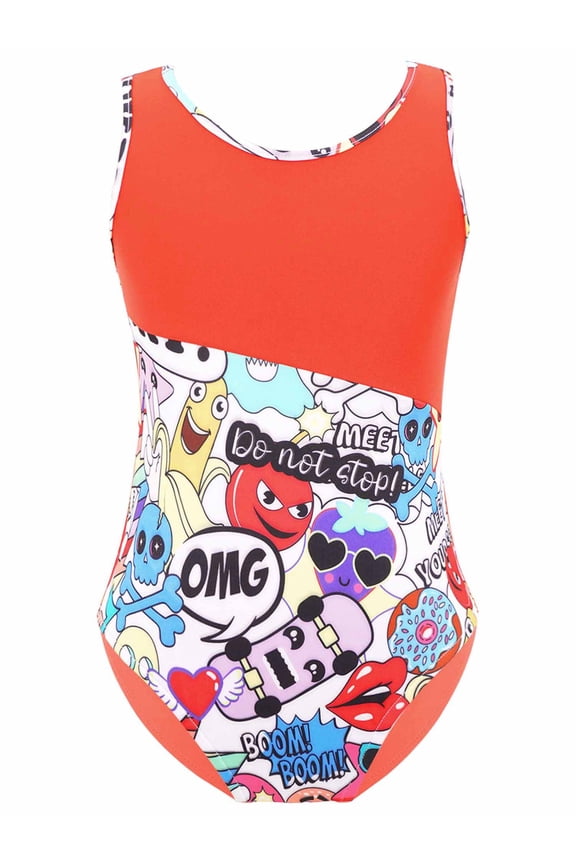 Kids Girls One-piece Swimming Jumpsuit Sleeveless Colorful Cartoon Print Swimwear,Sizes 6-16 Orange 10