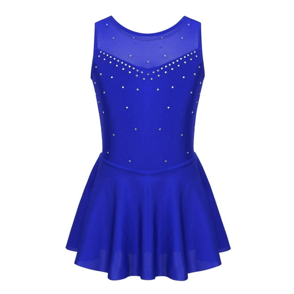 iEFiEL Kids Girls Rhinestones Tulle Back Ballet Dance Leotard Skating Dress Blue 14