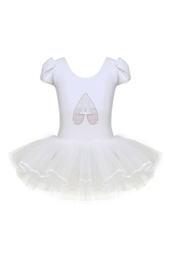 Kids Girls Ruffled Cap Sleeve Ballet Leotard Dancewear Sequined Ballet Dance Gymnastics Leotard Tutu Dress Ivory 3-4