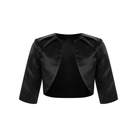 iEFiEL Kids Girls Satin 3/4 Sleeve Shrug Pleated Shoulder Cardigan Cover-Ups for Flower Girl Dress Black 10