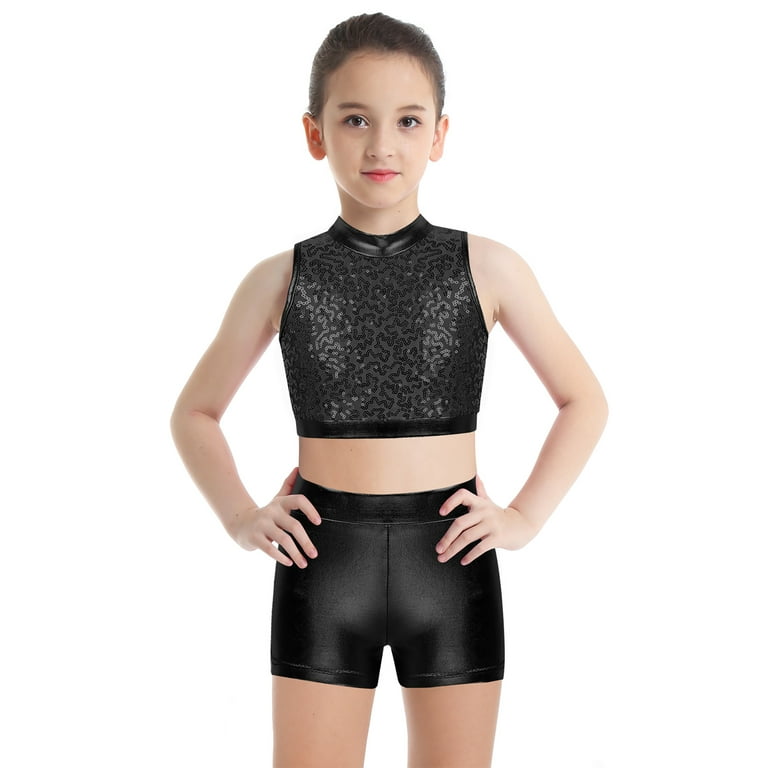 Iefiel Kids Girls Sequins 2pcs Ballet Dance Outfit Crop Top with Metallic Bottoms Set Black A 14 Girl s
