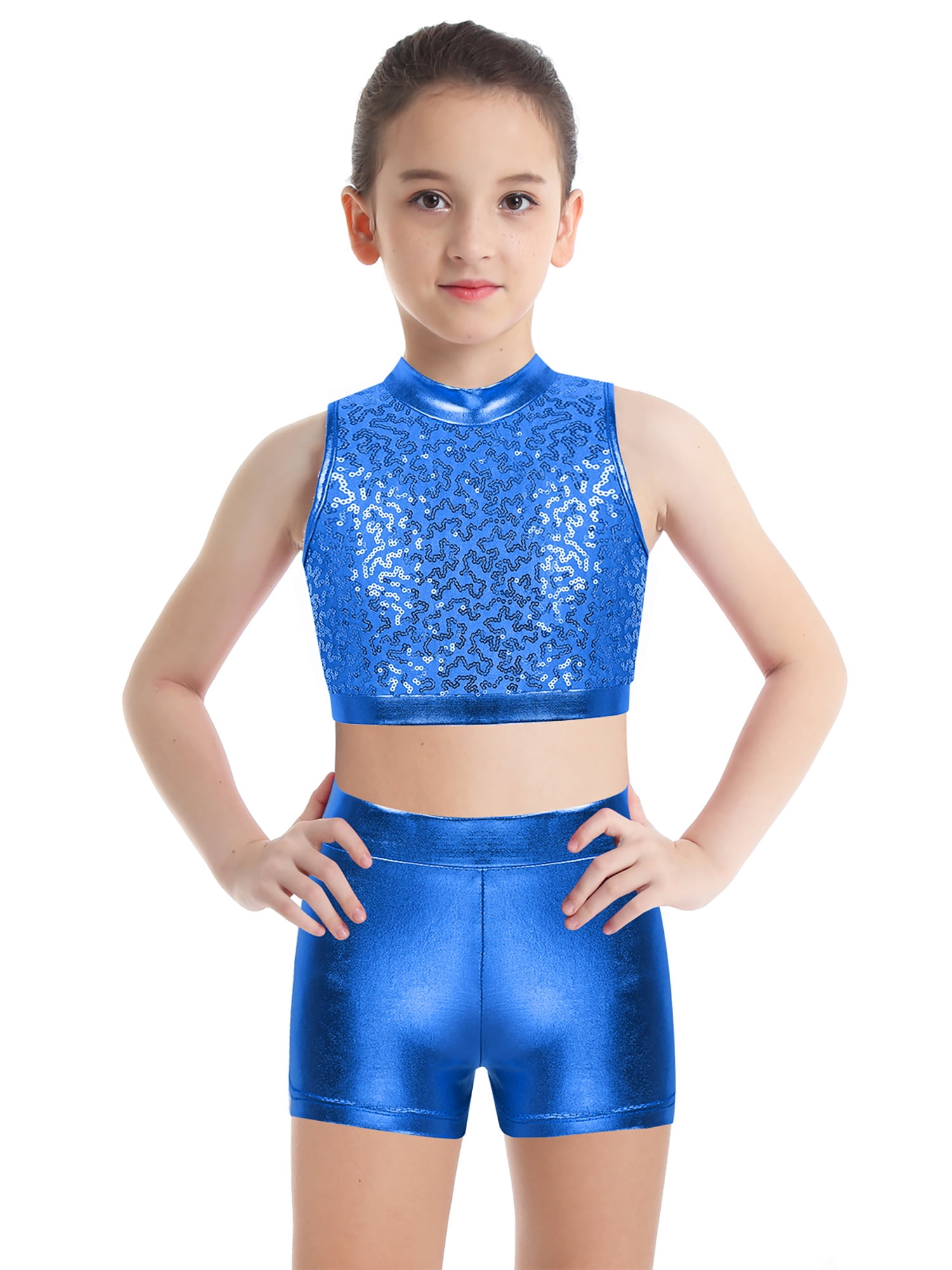 iEFiEL Kids Girls Sequins 2Pcs Ballet Dance Outfit Crop Top with Metallic  Bottoms Set Blue 8 