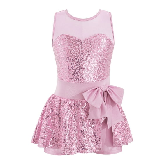 iEFiEL Kids Girls Sequins Ballet Dance Dress Bowknot Waist Jazz Costume A Pink 8