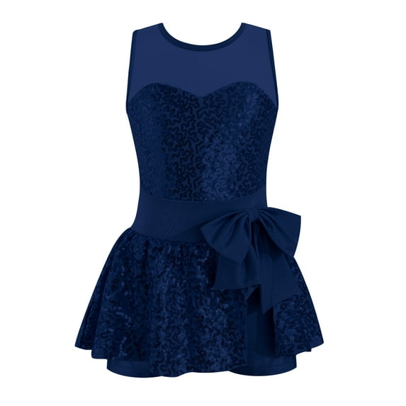 iEFiEL Kids Girls Sequins Ballet Dance Dress Bowknot Waist Jazz Costume Navy Blue 14