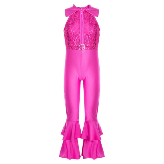 iEFiEL Kids Girls Sequins Leotard Mesh Ruffles Ballet Jazz Dance Costume Hot Pink 12