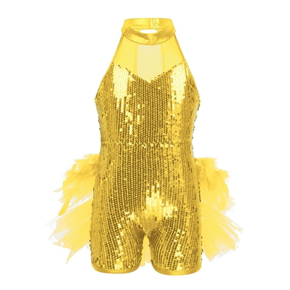 iEFiEL Kids Girls Sequins Leotard Mesh Ruffles Ballet Jazz Dance Costume Yellow-B 10