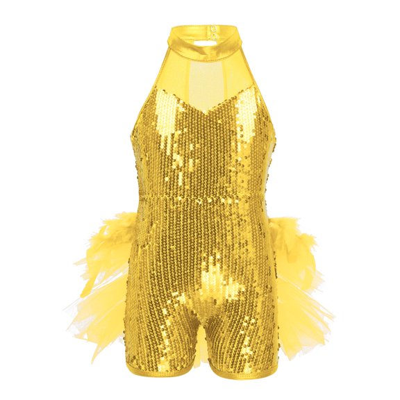 iEFiEL Kids Girls Sequins Leotard Mesh Ruffles Ballet Jazz Dance Costume Yellow-B 6