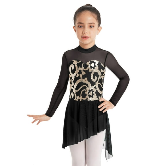 iEFiEL Kids Girls Sequins Modern Ice Figure Skating Dress Irregular Hem Lyrical Dance Ballerina Costume Black 14