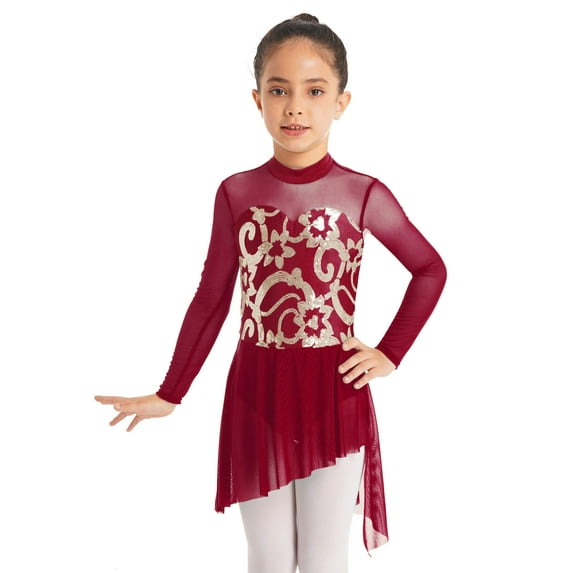 iEFiEL Kids Girls Sequins Modern Ice Figure Skating Dress Irregular Hem Lyrical Dance Ballerina Costume Burgundy 12