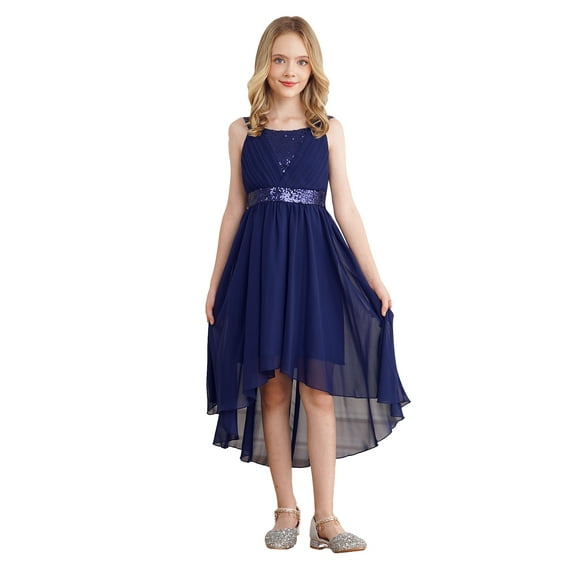 iEFiEL Kids Girls Sequins Pleated Birthday Party Prom Gown High-low Hem Flowy Wedding Flower Dress Navy Blue 16