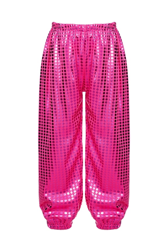 Kids Girls Shiny Dots Dance Pants for Hip-hop Jazz Stage Performance Competition Hot Pink 8-10