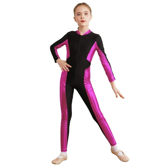 iEFiEL Kids Girls Shiny Metallic Patchwork Acrobatics Gymnastics Unitard Zipper Front Dance Jumpsuit Hot Pink 6