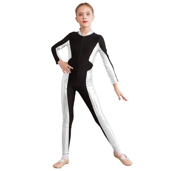 iEFiEL Kids Girls Shiny Metallic Patchwork Acrobatics Gymnastics Unitard Zipper Front Dance Jumpsuit Silver 6