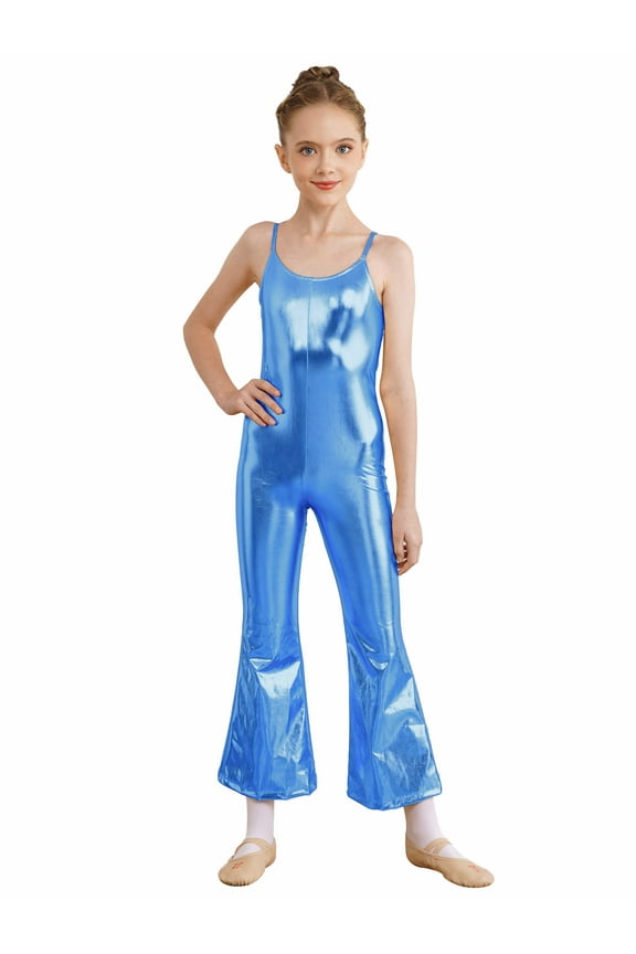 Kids Girls Shiny Metallic Sleeveless Gymnastics Jumpsuit Bell-Bottomed Full Bodysuit Jazz Dance Performance Unitard Blue 16