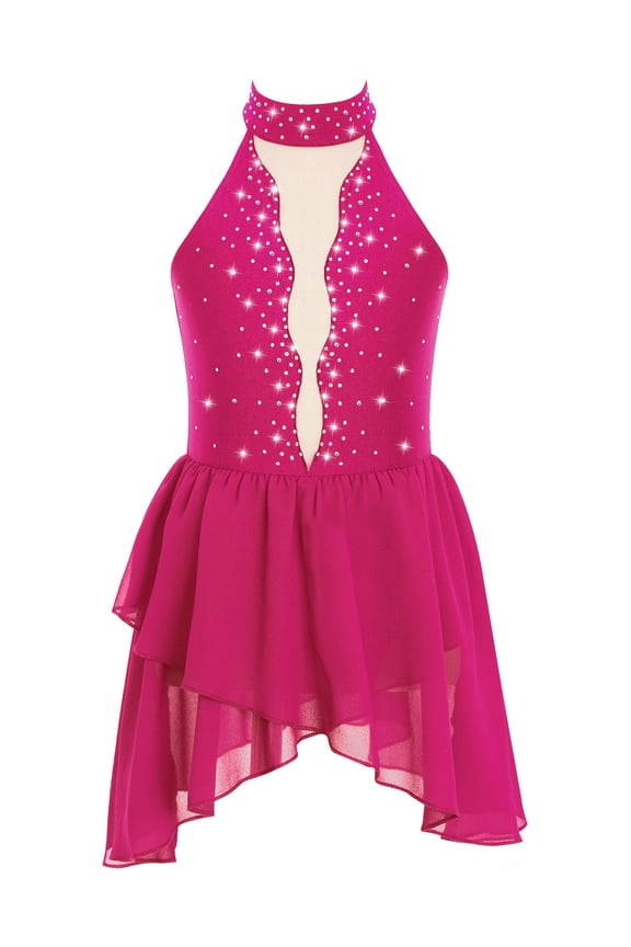 Kids Girls Shiny Rhinestone Figure Skating Gymnastics Leotard Dress Lyrical Dance Performance Costume Hot Pink 8